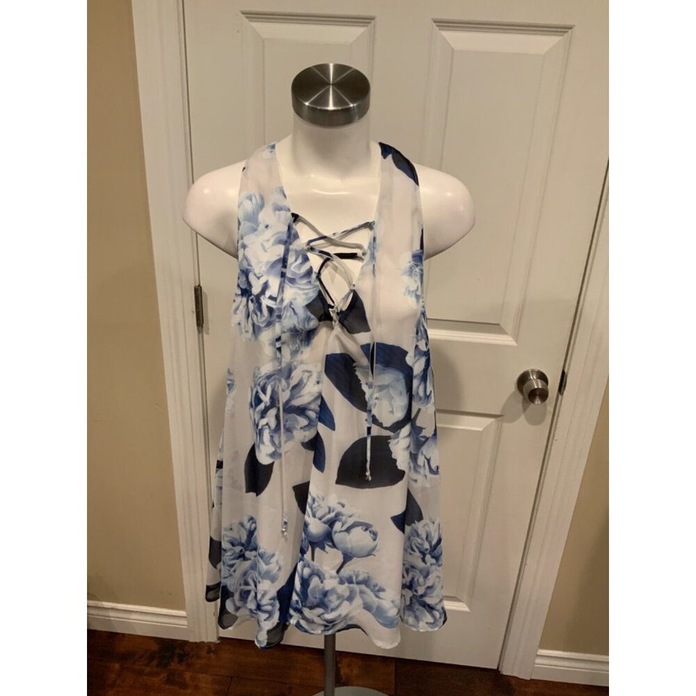 Show Me Your Mumu  Blue & White Floral Sleeveless Mini Dress, Size Small